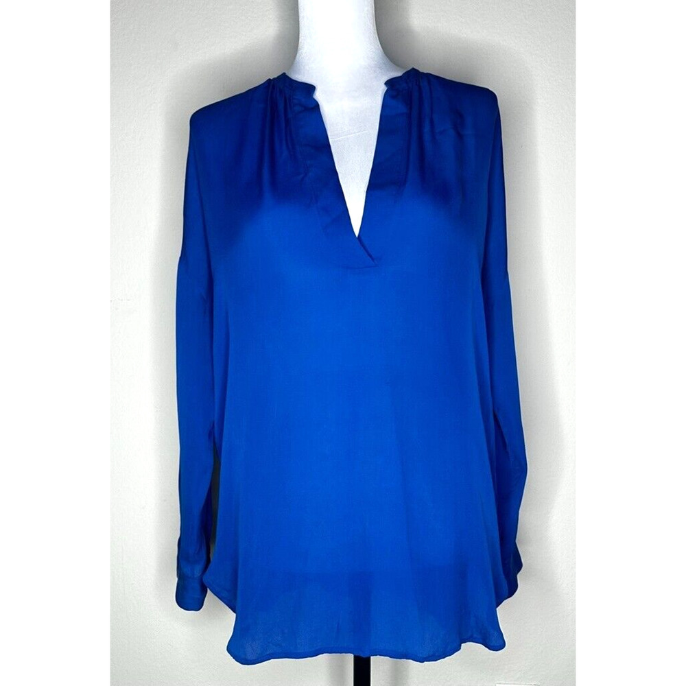 Vince Silk Popover Top Cobalt Blue XS/P Blouse Oversized Long Sleeve V-Neck $325